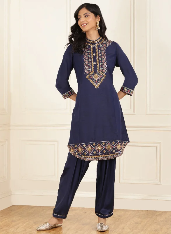 Act Fast Referral Discount Navy Blue Embroidered Party Wear Kurta Set with Mirror Work