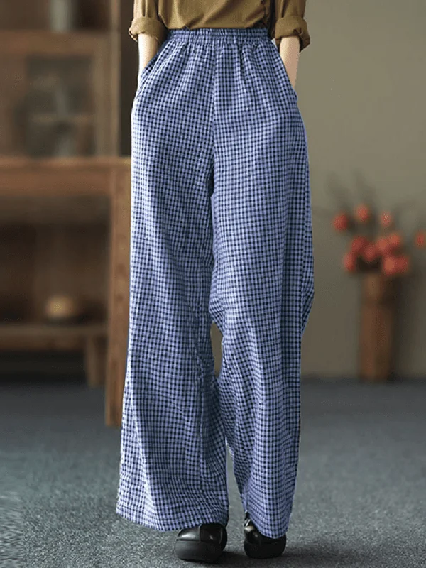 Weekend Offers You Can't Ignore Women Plaid Wide-Legged Elastic Waist Side Pocket Ankle Length Loose Pants