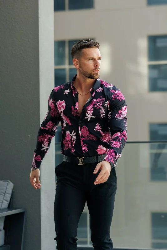 Crazy Deals Classic Stretch LS Black / Bright Pink Floral Print Button Down Collar - FS1153