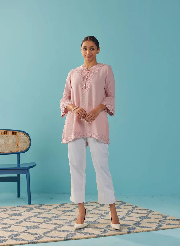 Take Advantage Big Discounts Pink Solid Tunic with Keyhole Neck and Bell Sleeves