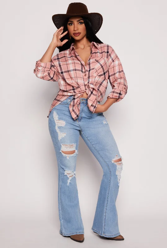 Today's Deal Can't Miss Plaid Tabbed Sleeve Button Front Shirt