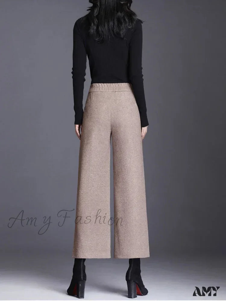 Lowest Price Elegant Woolen Blend Wide Leg High Waist Office Pants