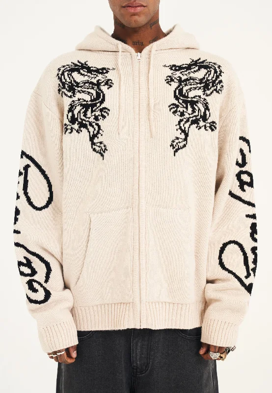 Weekend Specials to Love Mens Dragon Zip Thru Knitted Hoodie - Beige
