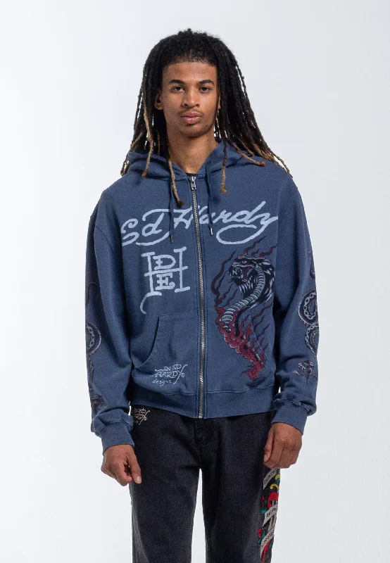 Factory Direct Sale Mens Double Venom Graphic Zip Through Hoodie - Indigo