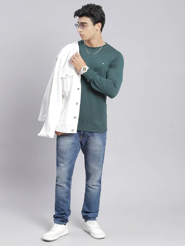 Weekend Discounts Worth Grabbing Men Green Solid Round Neck Full Sleeve T-Shirts