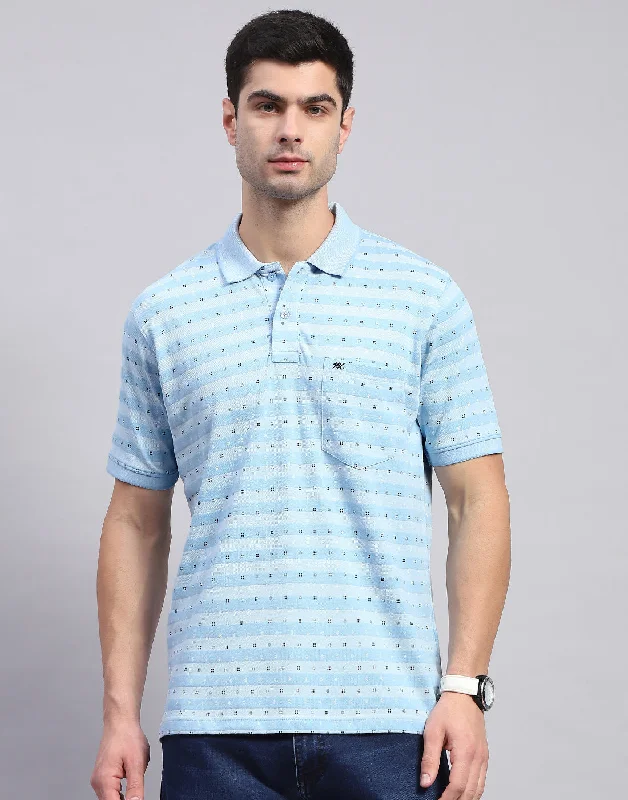 Weekend Steals Await Men Blue Printed Polo Collar Half Sleeve T-Shirt