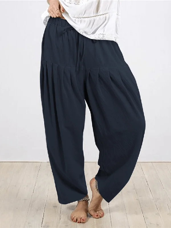 Weekend Offers You Can't Ignore Women Solid Color Cotton Pleats Elastic Waist Drawstring Loose Pants