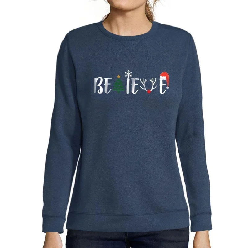 ULTRABASIC - Graphic Women's Christmas Believe Tree Sweatshirt Xmas Gift Ideas Denim