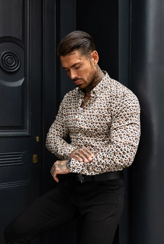 Weekend Deals That Sizzle Classic Stretch LS Beige Abstract Link Print Button Down Collar - FS1101