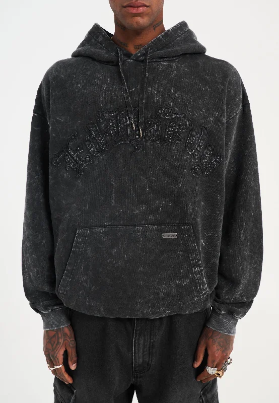 Big Discounts Mens Acid Wash Applique Graphic Pouch Hoodie - Black