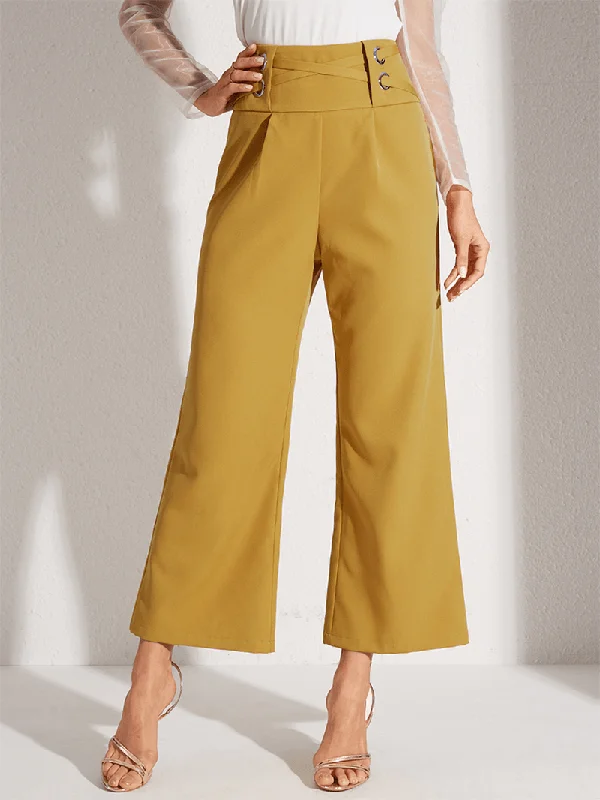 Now or Never Women Solid Color Cross Design Mid Waist Stylish Casual Flare Pants