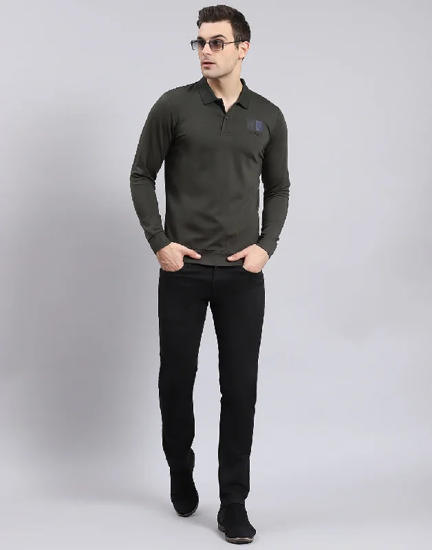 Time-Limited Offer Men Olive Solid Polo Collar Full Sleeve T-Shirt