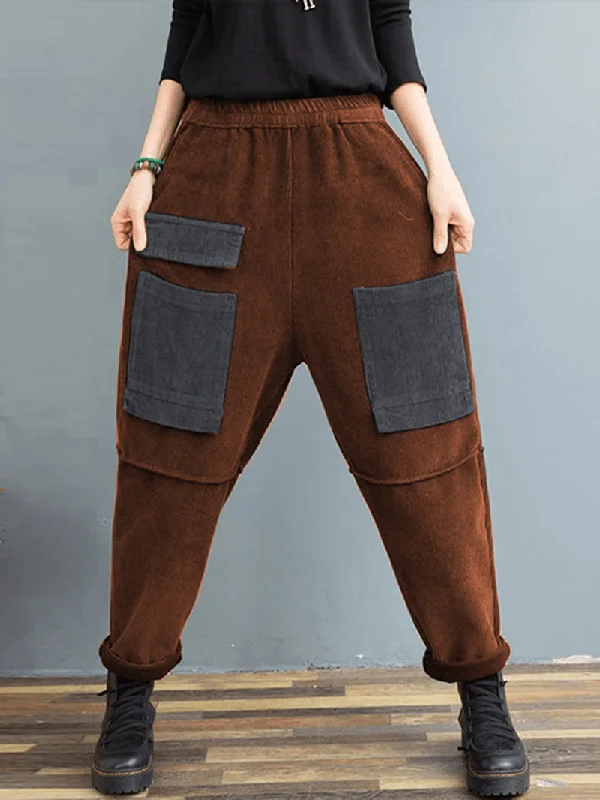 While Supplies Last Women Corduroy Vintage Patchwork Multiple Color Contrast Pants with Pockets