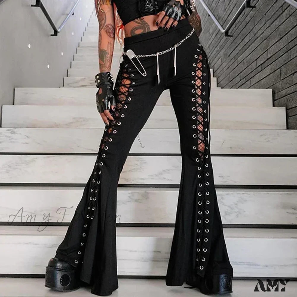 Super Sale Flare Hollow Grunge Pants Goth Bandage Streetwear Black Dark Pants
