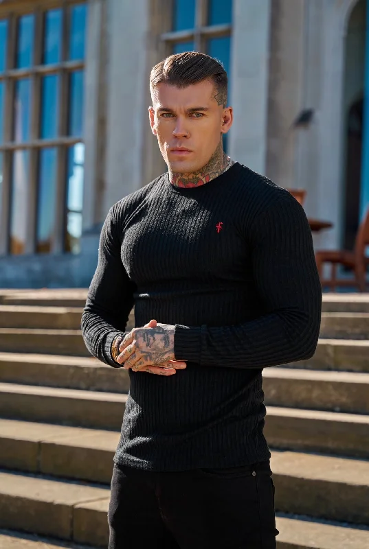 Father Sons Classic Black / Red Ribbed Knit Crew Jumper - FSH764