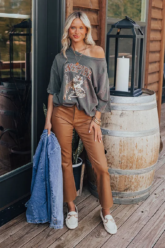 Weekend Discounts to Snag Just USA The Ariadne High Waist Coated Straight Leg Pants in Camel