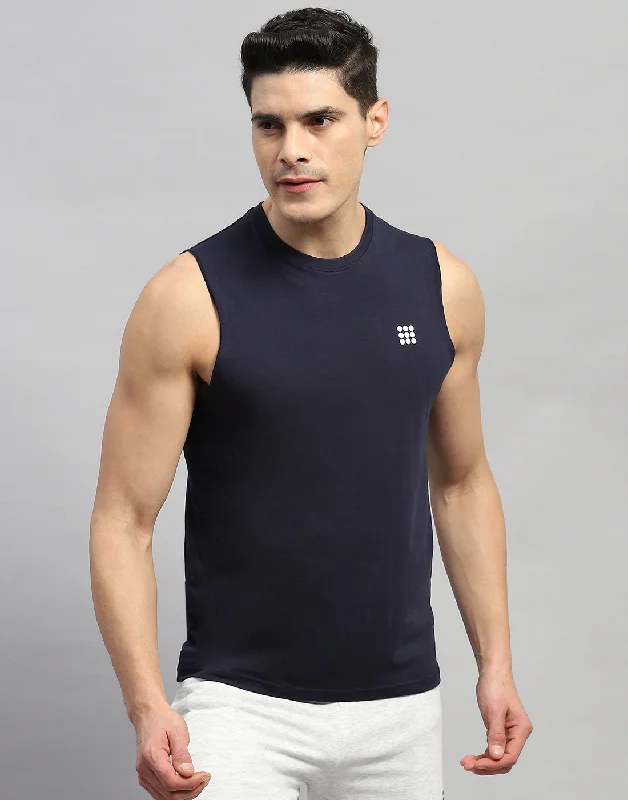 Special Price Men Navy Blue Solid Round Neck Sleeveless T-Shirt