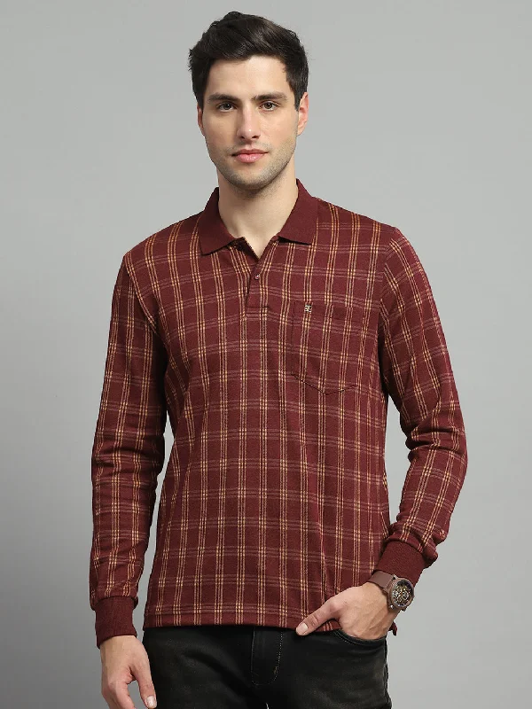 Weekend Savings Spectacular Men Rust Check Collar Full Sleeve Winter T-Shirt