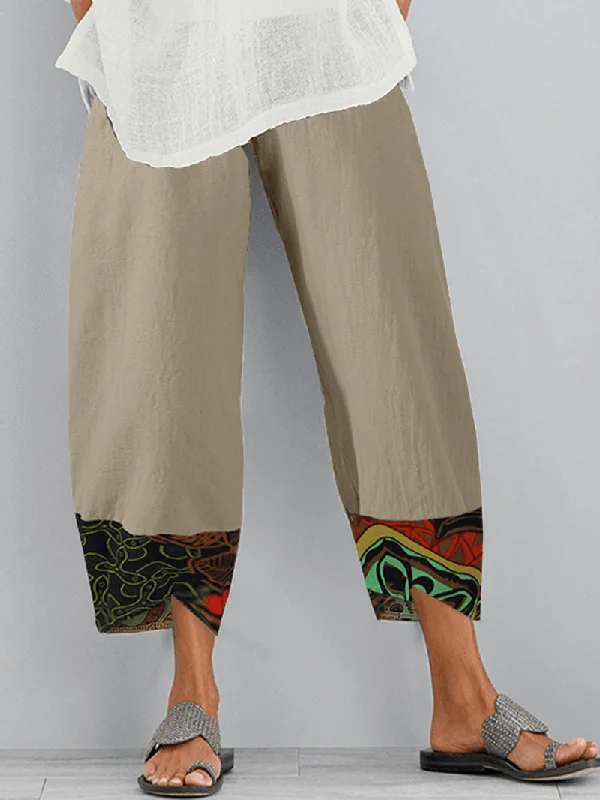 Weekend Wonders Await! Ethnic Print Patchwork Elastic Waist Side Pocket Irregular Hem Pants for Women