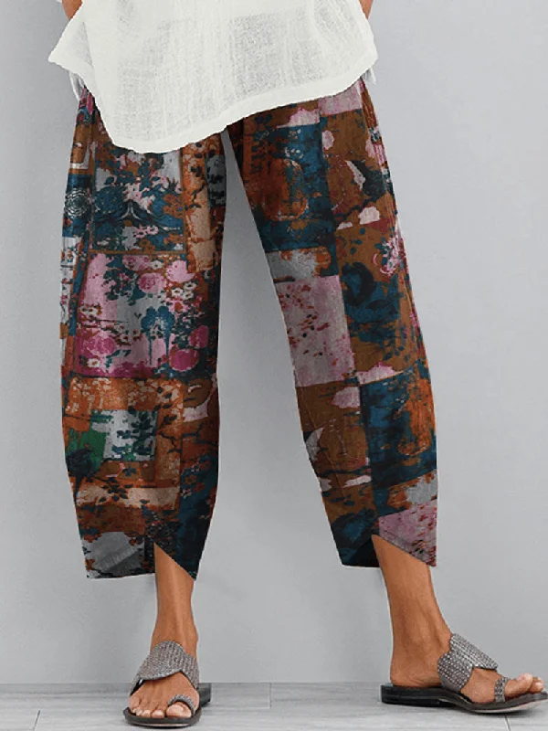 Weekend Offers That Excite Floral Print Elastic Wasit Loose Irregular Hem Pocket Pants for Women