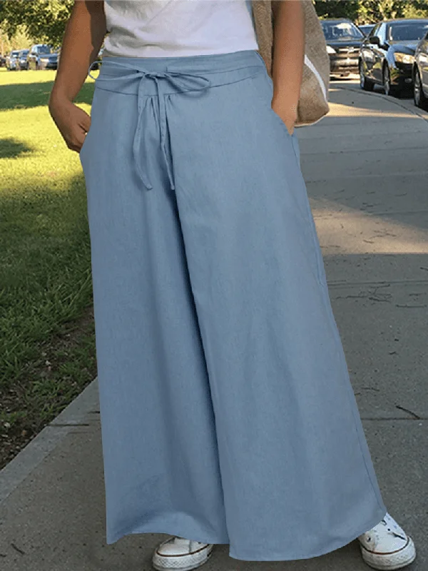 Don't Delay Women Solid Color Elastic Waist Cotton Casual Loose Wide Leg Pants