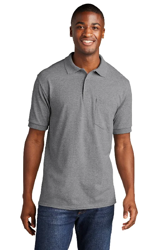 One-DAY Sale Port & Company Mens Core Stain Resistant Short Sleeve Polo Shirt w/ Pocket - Heather Grey