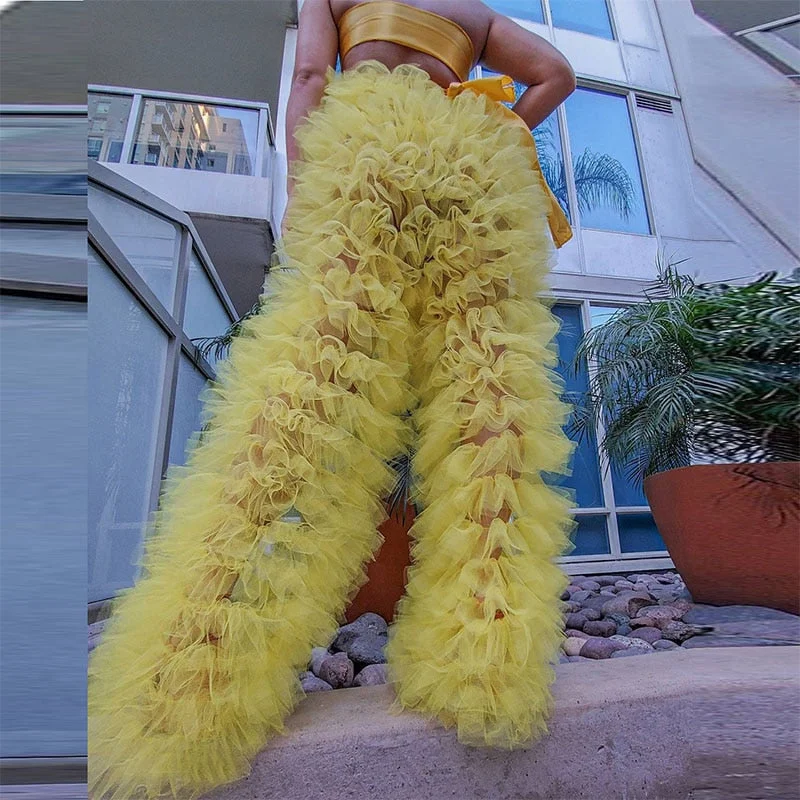 Time-Limited Offer Ruffle Tulle High Waist Pants