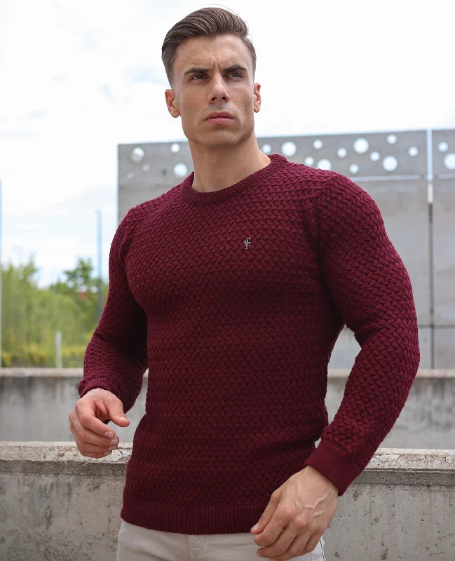 Father Sons Burgundy Knitted Weave Super Slim Jumper With Metal Decal - FSJ017