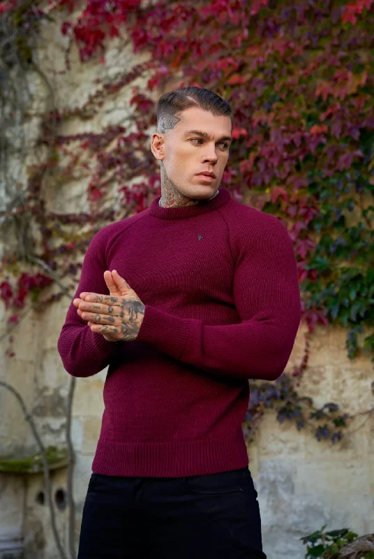 Father Sons Burgundy Knitted Raglan Crew Super Slim Jumper With Metal Decal - FSJ055