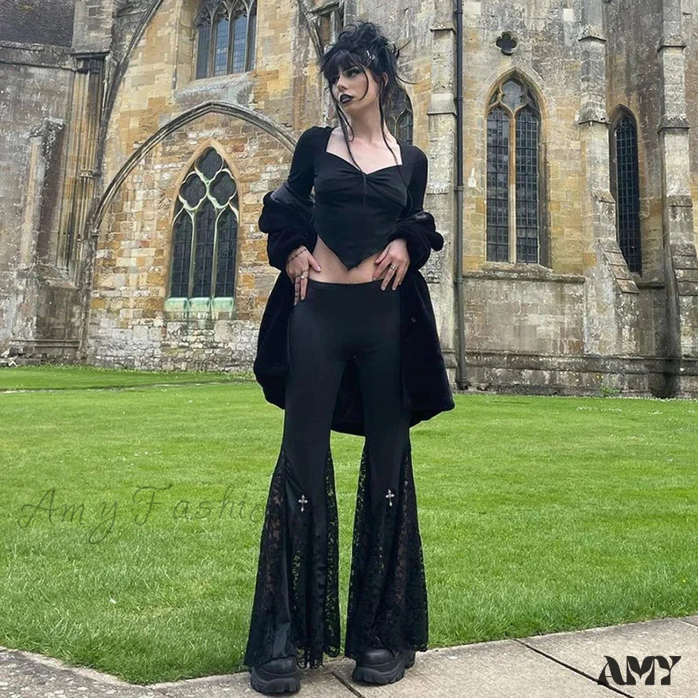 Year-End Clearance Flared Pants Halloween Lace Black