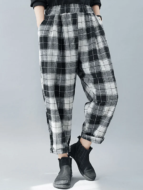 Weekend Specials to Snag Women Plaid Color Block Elastic High Waist Side Pocket Harem Pants