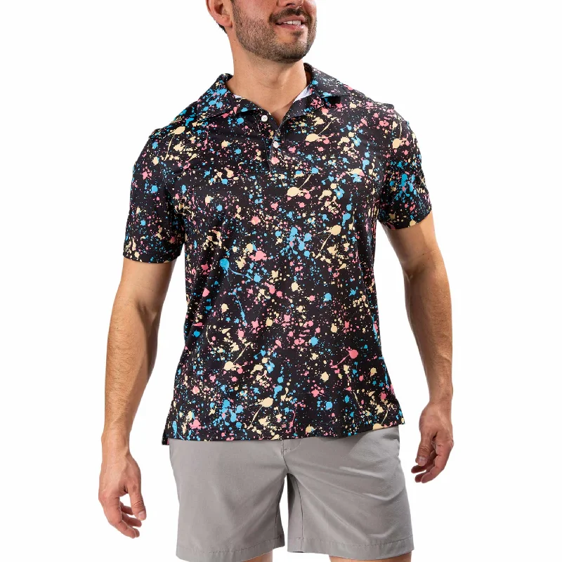 Overstock Clearance Chubbies The Paint Drips Performance Polo Shirt - Black - Pattern Base (Plaids)