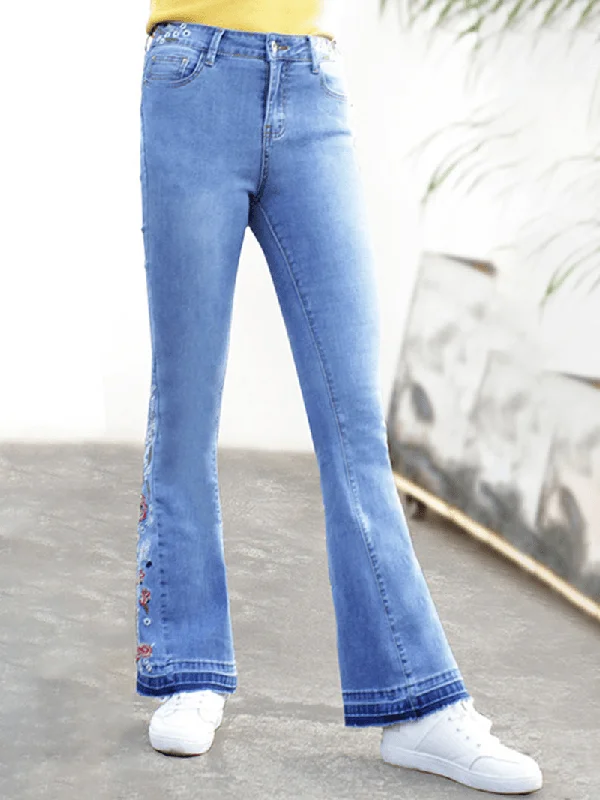 Super Savings Floral Embroidered High Waist Denim Flared Pants
