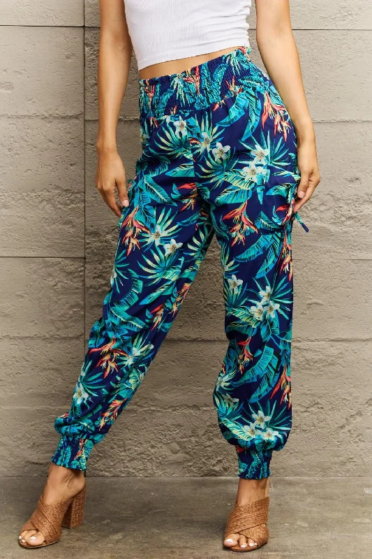 Weekend Deal Smocked Plant Print Long Pants