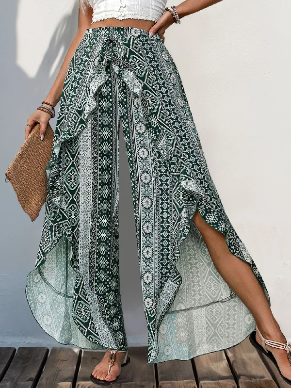 Weekend Extravaganza: Shop Now Slit Ruffled Geometric Wide Leg Pants