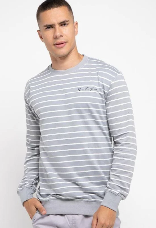 Third Day MO185 sweater casual pria dakir katakana stripe putih abu