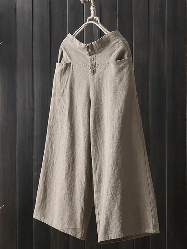 Lowest Price Women Vintage Solid Elastic Waist Wide Leg Pants with Pockets
