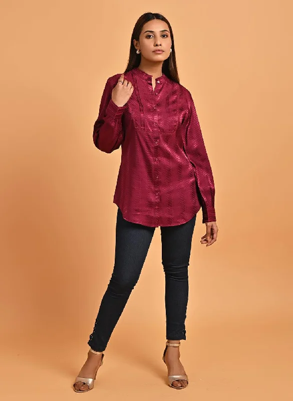 Final Clearance Price Blitz Fuchsia Satin Shirt with Balloon Sleeves and Open Front
