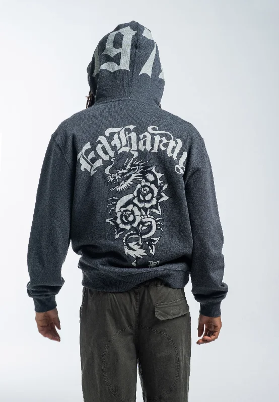 Exclusive Access Mens Dragon Rose Zip Through Hoodie - Charcoal Marl