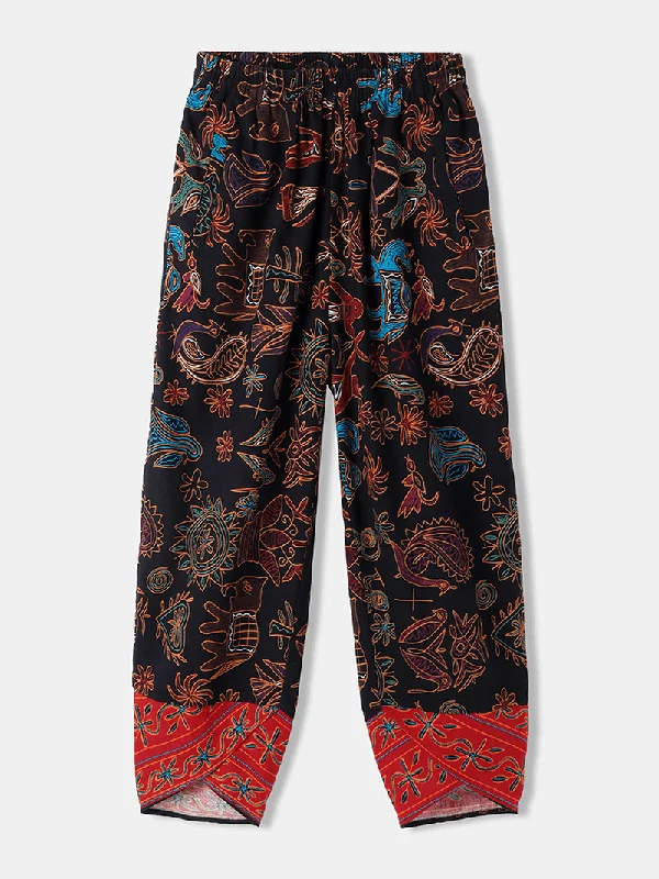 Unbeatable Deal Women Ethnic Pattern Irregular Cuff Elastic Waist Pants with Pocket