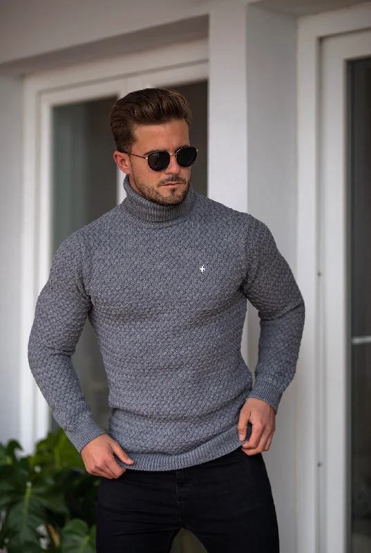 Father Sons Charcoal Knitted Roll Neck Weave Super Slim Jumper With Metal Decal - FSJ027