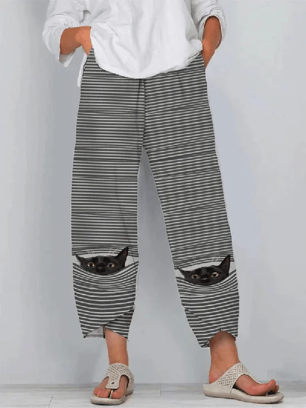 Weekend Special Women Cute Cat Pinstripe Print Casual Elastic Waist Pants with Pocket