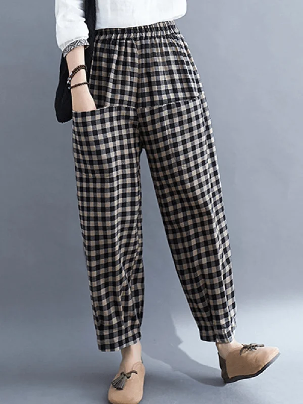 Weekend Savings Extravaganza Women Vintage Plaid Wide-Legged Elastic High Waist Side Pocket Ankle Length Harem Pants