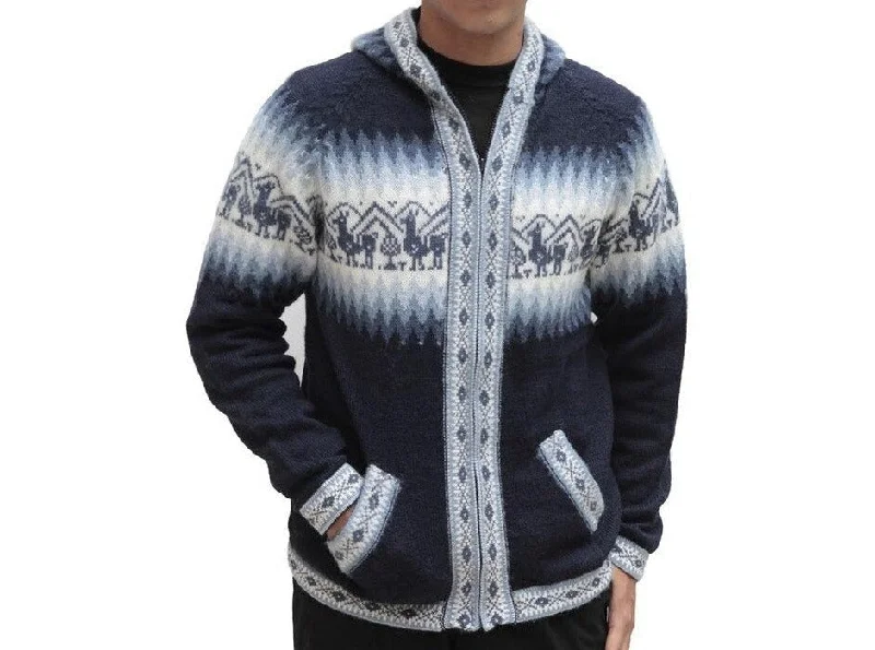 Mens Little Llamas Hooded Sweater Alpaca Wool Knitted Jacket Hoodie