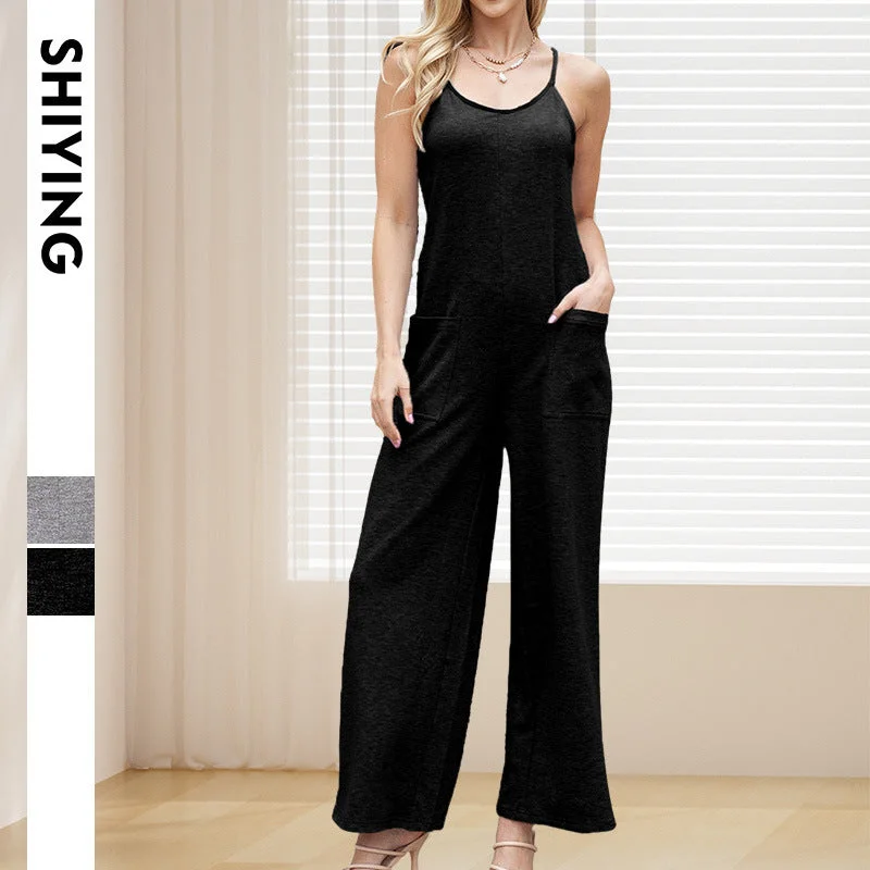 The Best Deal Casual Long Pants Simple Style Loose Strap Jumpsuit