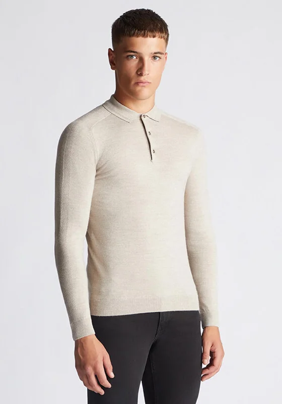 Remus Uomo Long Sleeve Knitted Polo Shirt, Sand