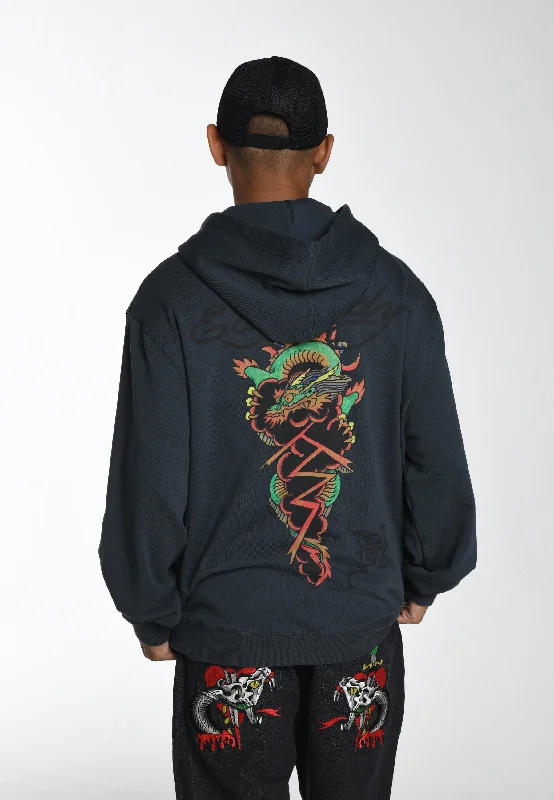 Now or Never Mens Drag-Snake Graphic Zip Thru Hoodie - Charcoal