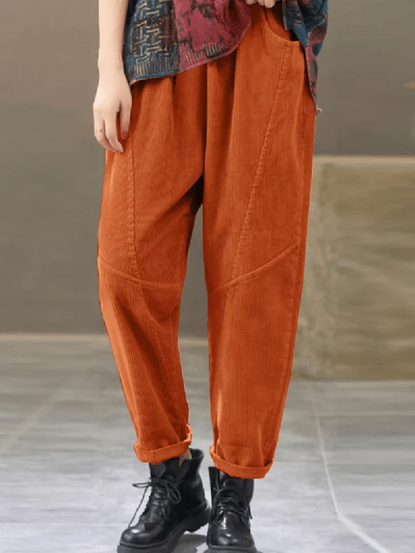 Weekend Offers That Dazzle Women Corduroy Elastic Waist Side Pockets Solid Color Ankle Length Casual Pants