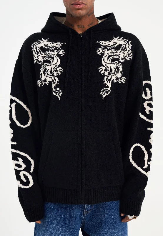 Weekend Offers That Amaze Mens Dragon Zip Thru Knitted Hoodie - Black