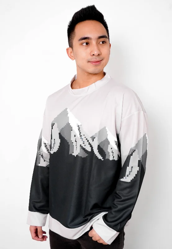 NW005 sweater oversize aesthetic kekinian gambar gunung efek rajut ringan crewneck abu hitam